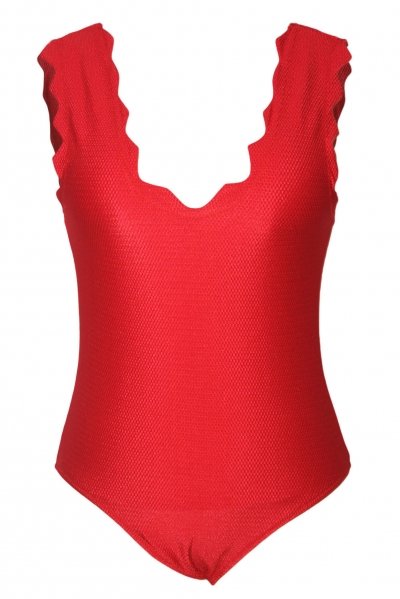 red scalloped one piece swimsuit