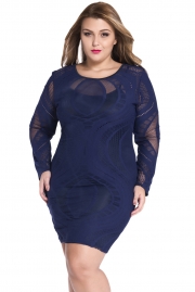 Royal Blue Lace Nude Illusion Long Sleeves Bodycon Dress