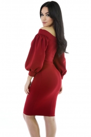 Red Puffs Peep Hole Off Shoulder Midi Bodycon Dress