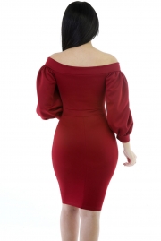 Red Puffs Peep Hole Off Shoulder Midi Bodycon Dress
