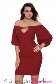 Red Puffs Peep Hole Off Shoulder Midi Bodycon Dress