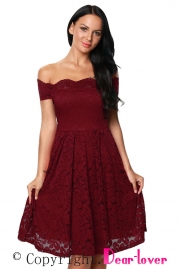 Wine Scalloped Off Shoulder Flared Lace Dress