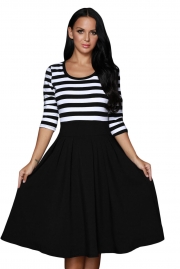 Black White Stripes Scoop Neck Sleeved Casual Swing Dress