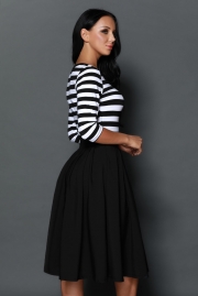 Black White Stripes Scoop Neck Sleeved Casual Swing Dress