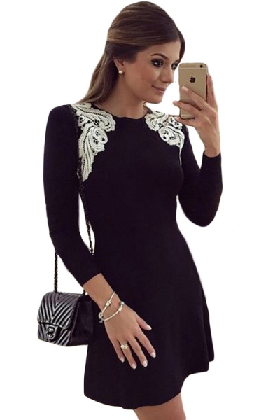 Lace Shoulder Applique Black Long Sleeve Skater Dress