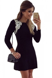 Lace Shoulder Applique Black Long Sleeve Skater Dress