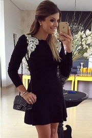 Lace Shoulder Applique Black Long Sleeve Skater Dress