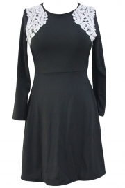 Lace Shoulder Applique Black Long Sleeve Skater Dress