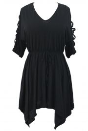 Black Lace Up Half Sleeves Irregular Skater Dress