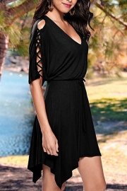 Black Lace Up Half Sleeves Irregular Skater Dress