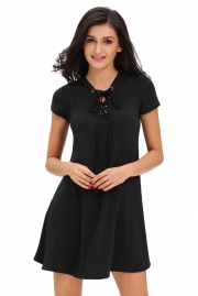 Black Casual Lace-up Swing Dress