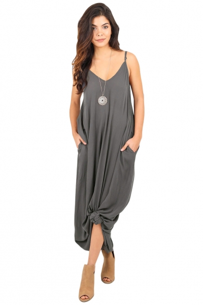 Charcoal Grey Boho Pocketed Maxi Dress