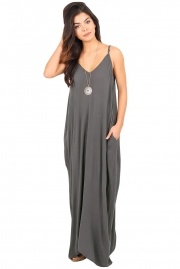 Charcoal Grey Boho Pocketed Maxi Dress