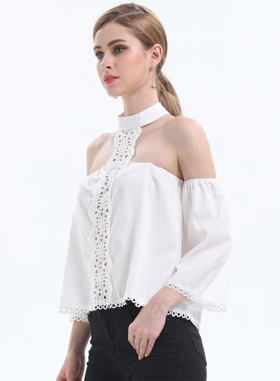 Women's Solid Halterneck off Shoulder Long Sleeve Blouse stylesimo.com