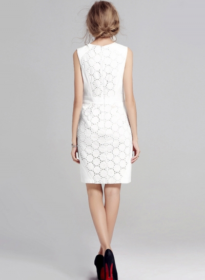 Women's Lace Round Neck Sleeveless White Bodycon Dress stylesimo.com