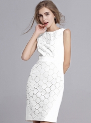 Women's Lace Round Neck Sleeveless White Bodycon Dress