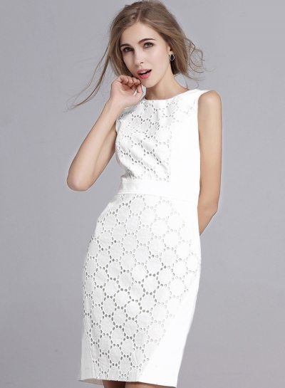 Women's Lace Round Neck Sleeveless White Bodycon Dress stylesimo.com