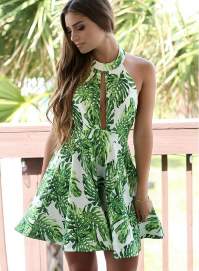 Women's Halter Backless Leaves Print Beach Dress stylesimo.com