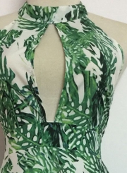 Women's Halter Backless Leaves Print Beach Dress