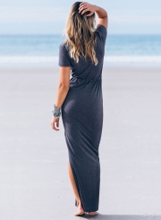 Women's Fashion V Neck Short Sleeve Drawstring Waist Split Maxi Dress