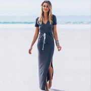 Women's Fashion V Neck Short Sleeve Drawstring Waist Split Maxi Dress