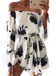 Women's Slash Neck Off Shoulder Print Romper