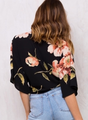 Women's Floral Printed V Neck Short Sleeve Two-Way Blouse