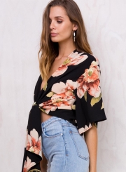 Women's Floral Printed V Neck Short Sleeve Two-Way Blouse