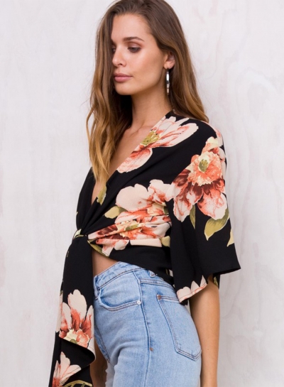 Women's Floral Printed V Neck Short Sleeve Two-Way Blouse stylesimo.com