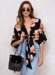 Women's Floral Printed V Neck Short Sleeve Two-Way Blouse
