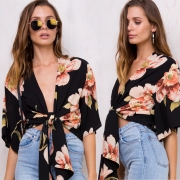 Women's Floral Printed V Neck Short Sleeve Two-Way Blouse