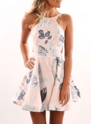 Women's Fashion Floral Halter Backless Mini Pleated Dress