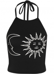 Women's Fashion Sleeveless Sun Moon Print Halter Neck Crop Top