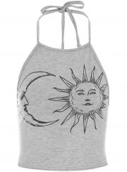 Women's Fashion Sleeveless Sun Moon Print Halter Neck Crop Top