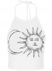 Women's Fashion Sleeveless Sun Moon Print Halter Neck Crop Top