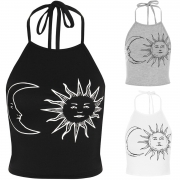 Women's Fashion Sleeveless Sun Moon Print Halter Neck Crop Top