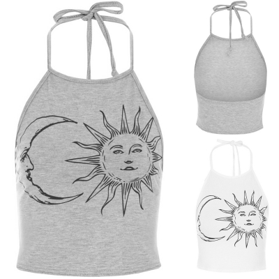 Women's Fashion Sleeveless Sun Moon Print Halter Neck Crop Top stylesimo.com