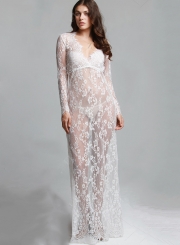 Women's Fashion V Neck Long Sleeve Sheer Lace Maxi Dress