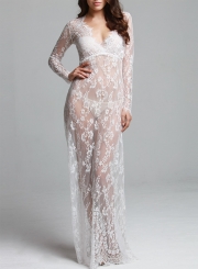 Women's Fashion V Neck Long Sleeve Sheer Lace Maxi Dress