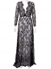 Women's Fashion V Neck Long Sleeve Sheer Lace Maxi Dress