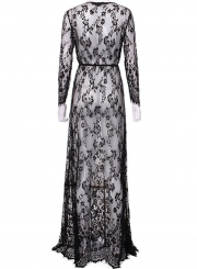 Women's Fashion V Neck Long Sleeve Sheer Lace Maxi Dress