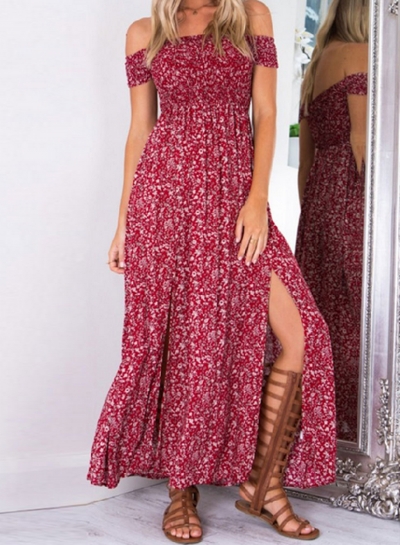 Women's Fashion off Shoulder Boho Floral Print Side Slit Dress STYLESIMO.com