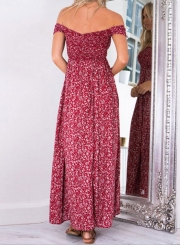 Women's Fashion off Shoulder Boho Floral Print Side Slit Dress