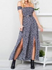 Women's Fashion off Shoulder Boho Floral Print Side Slit Dress