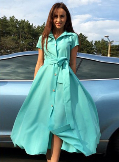 Women's Fashion Short Sleeve Split Mid Shirt Dress with Belt YOUYOUFASHIONEC.com