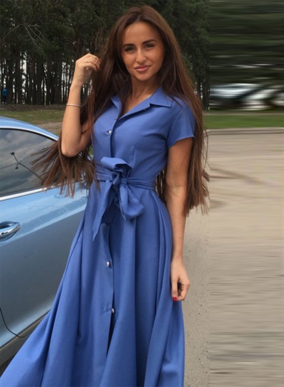 Women's Fashion Short Sleeve Split Mid Shirt Dress with Belt YOUYOUFASHIONEC.com