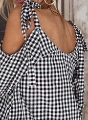 Women's Spaghetti Strap Scoop Neck Long Sleeve Plaid Blouse