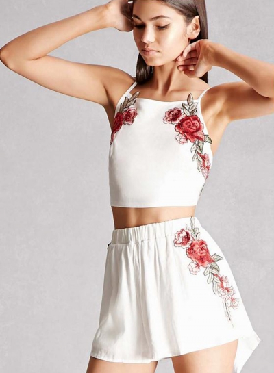 Women's Fashion Floral Embroidery Spaghetti Strap Crop Top and Shorts Set STYLESIMO.com