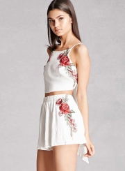 Women's Fashion Floral Embroidery Spaghetti Strap Crop Top and Shorts Set