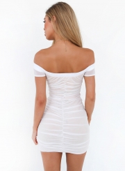 Women's off Shoulder Short Sleeve Ruched Bodycon Irregular Club Dress